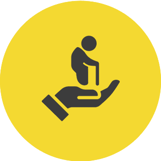 Hand holding elderly person icon in circle.