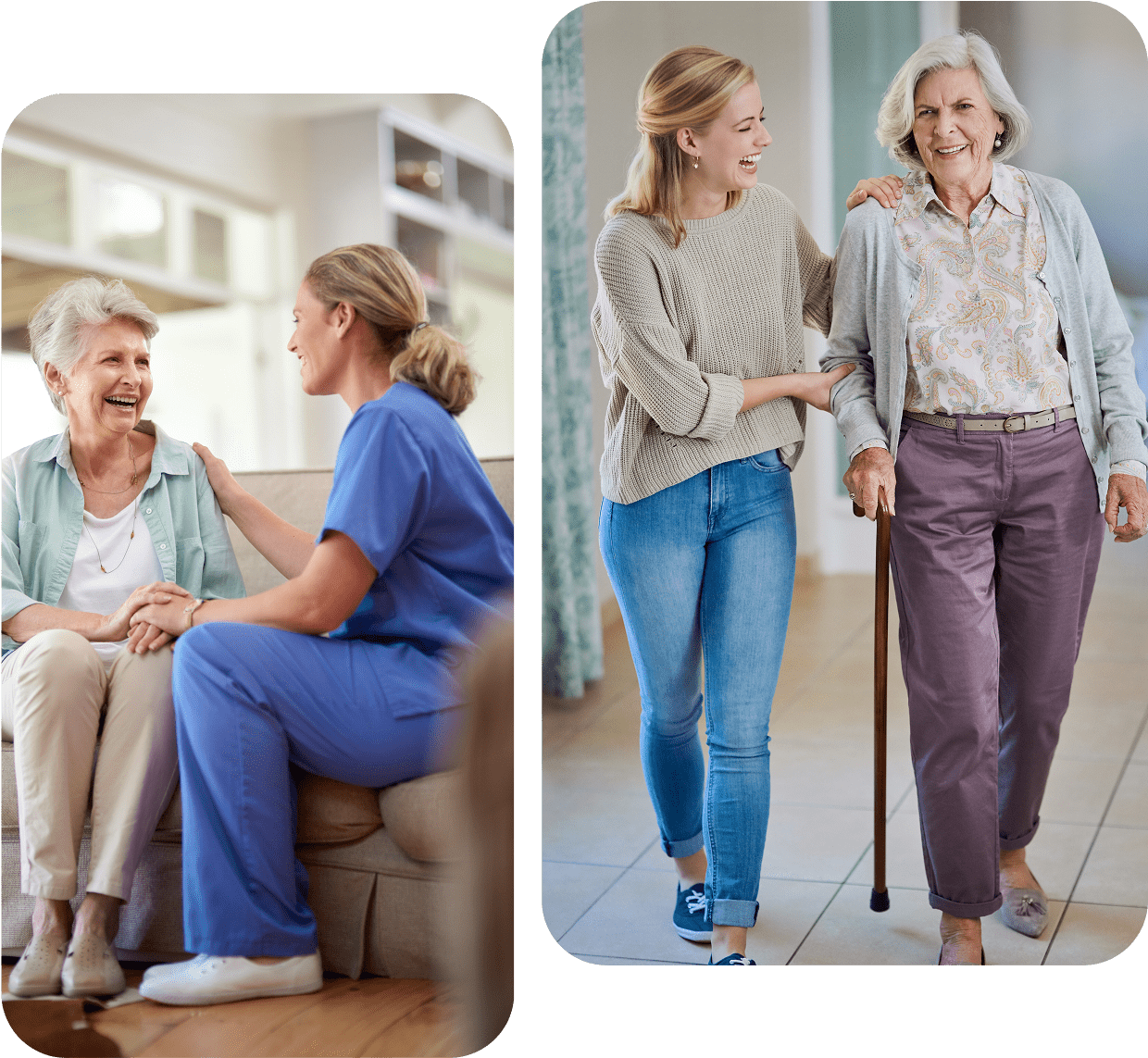 Caregiver assisting elderly women at home.