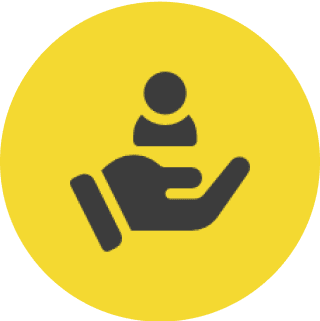 Hand supporting a person icon, yellow background.