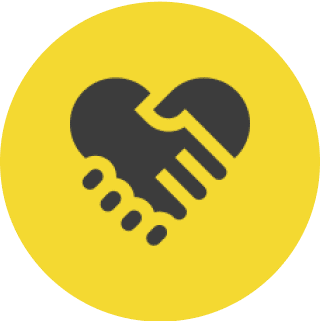 Heart-shaped handshake on yellow background.