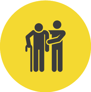Person assisting elderly with cane icon.