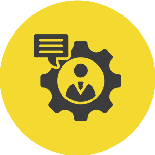 Person in gear with speech bubble icon.