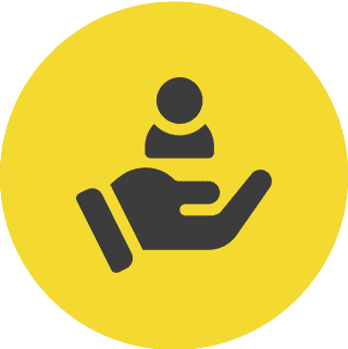 Hand holding person icon on yellow background.